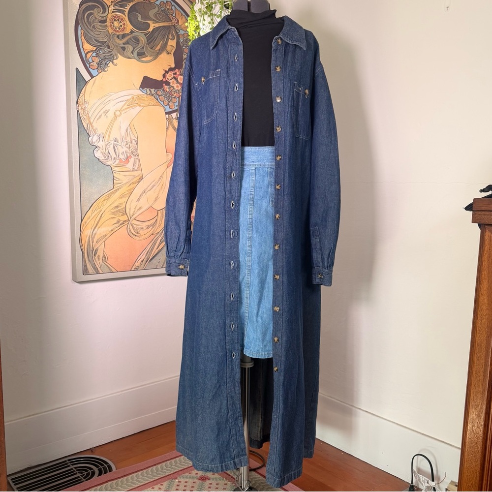 Vintage 90’s Denim Button Down Maxi Dress Duster Jacket 2X
